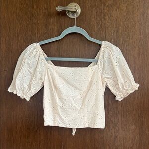 Cream Puff Sleeve Crop Blouse with Tie Front